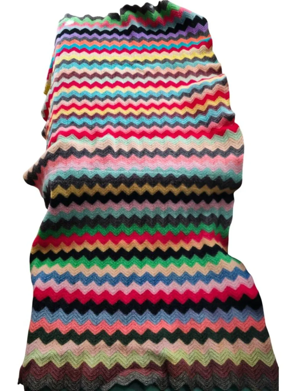 Vintage 1970s Wool Blend Rainbow Chevron Zigzag Knitted Throw Blanket 59